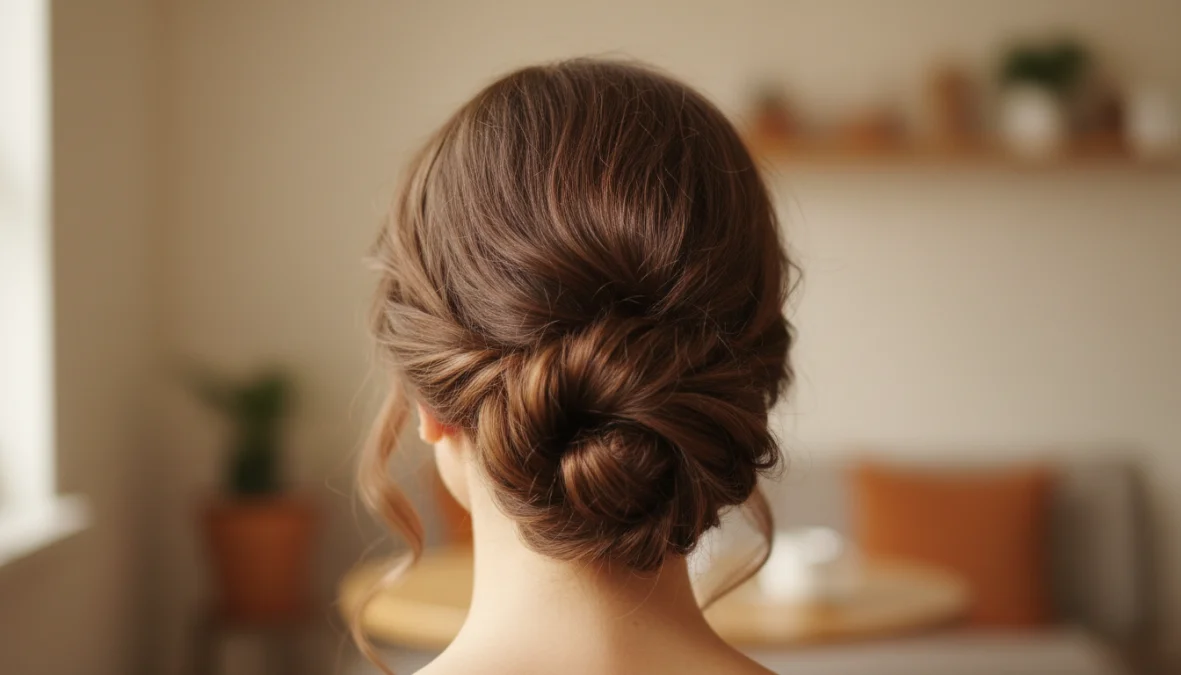 Donna con acconciatura elegante per capelli medi, chignon basso morbido visto da dietro