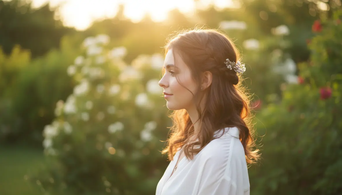 Semi raccolto con trecce laterali per capelli medi, acconciatura romantica e femminile
