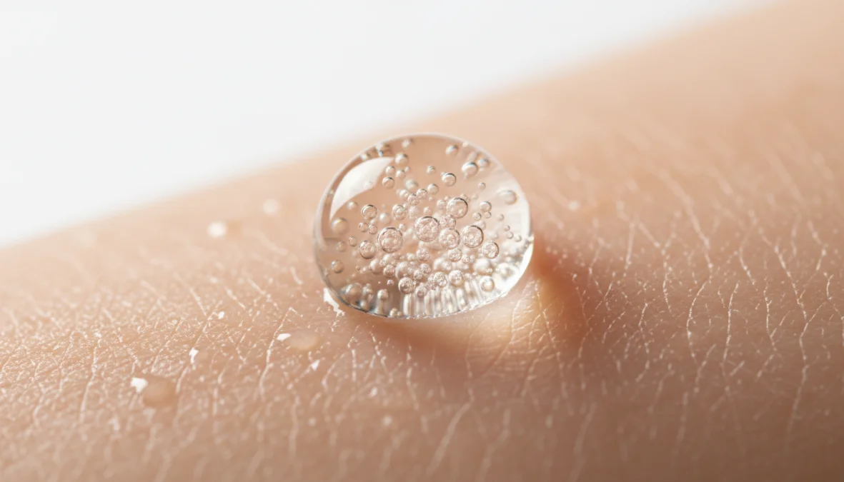 Goccia di acido ialuronico puro su pelle idratata per trattamento viso antirughe