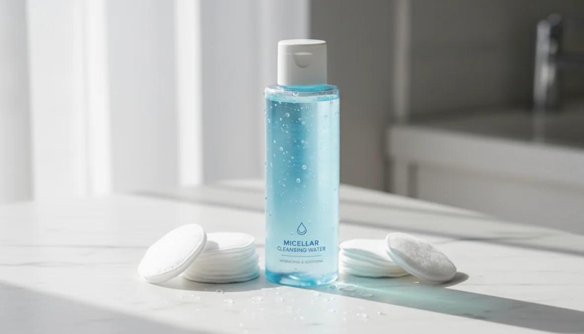 Bottiglia di acqua micellare con dischetti di cotone per la pulizia del viso