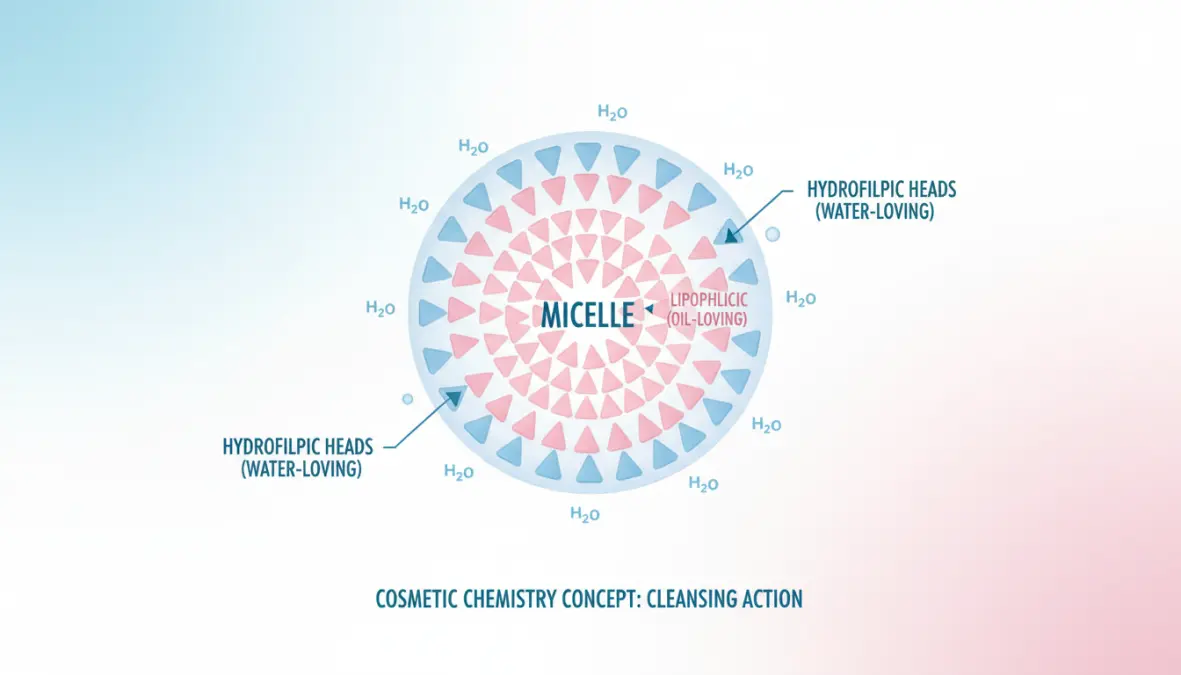 Schema scientifico che mostra come funzionano le micelle nell'acqua micellare