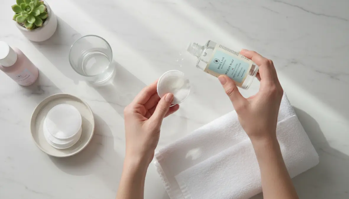 Donna che utilizza acqua micellare con dischetto di cotone nella routine quotidiana