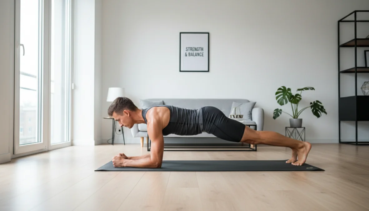 Persona che esegue allenamento funzionale a casa su tappetino in soggiorno luminoso