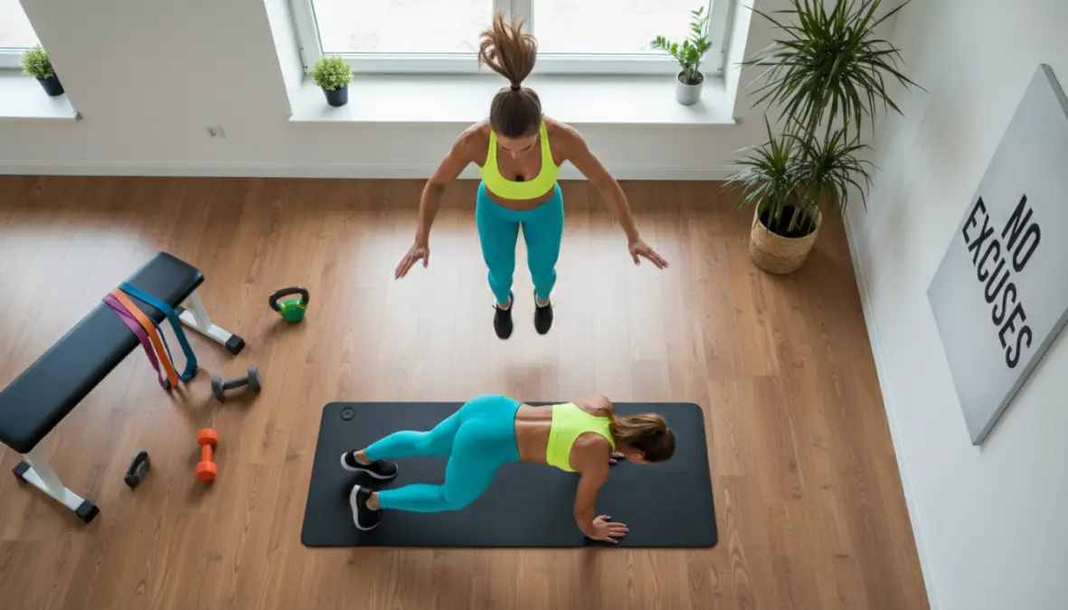 Esecuzione burpees durante circuito funzionale casa workout a corpo libero