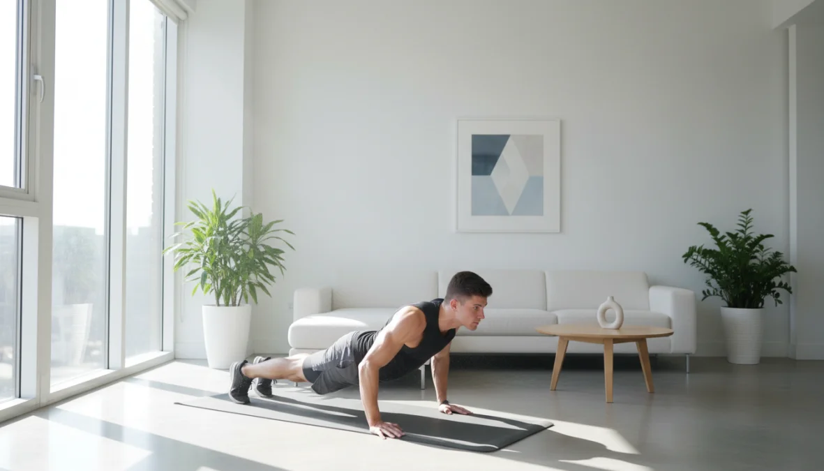 Persona che si allena a casa senza attrezzi eseguendo esercizi a corpo libero