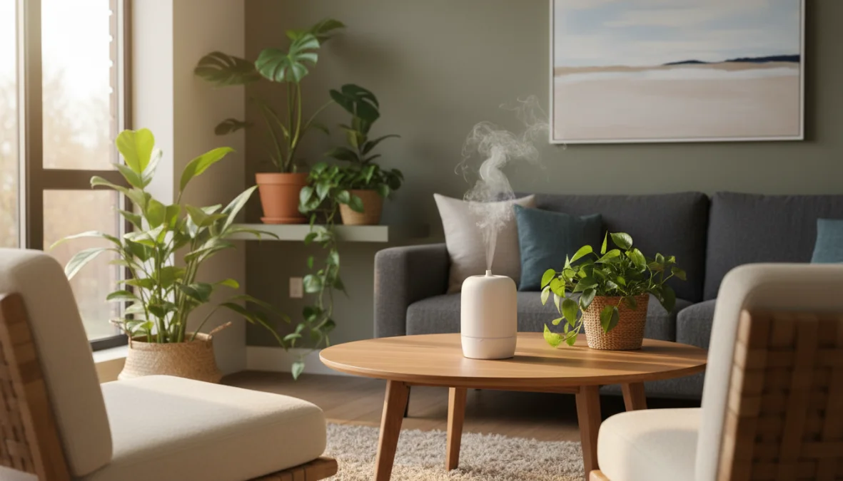 Diffusore oli essenziali per aromaterapia casa su tavolo in soggiorno moderno