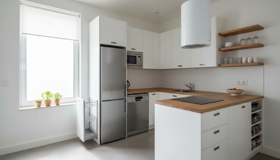 Cucina piccola moderna con mobili salvaspazio e design ottimizzato