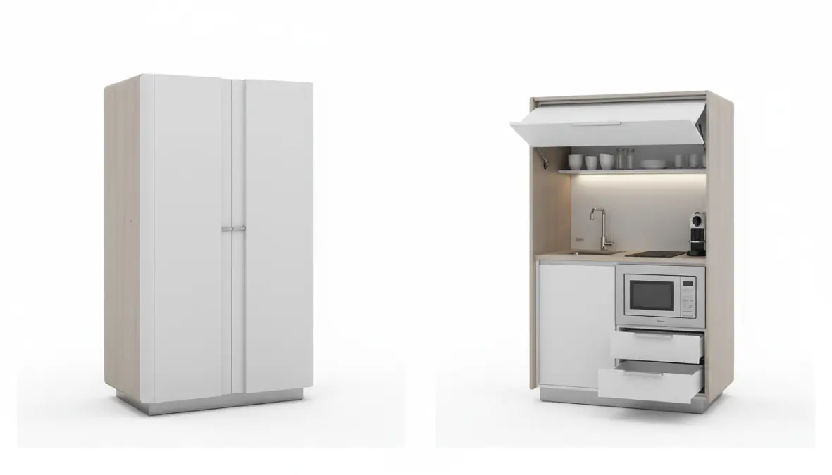 Cucina monoblocco compatta salvaspazio per monolocale con ante a scomparsa