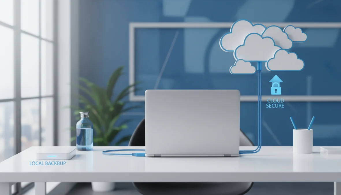 Computer con hard disk esterno e cloud per backup dati sicuro