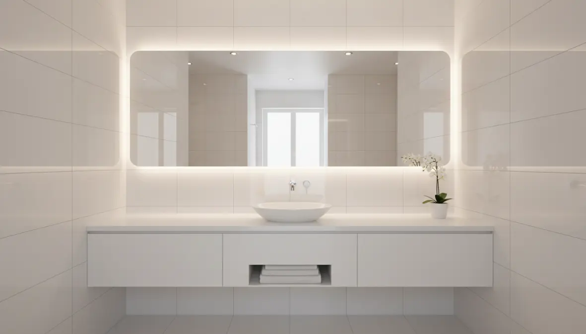Specchio grande per ingrandire bagno piccolo con illuminazione LED e mobili sospesi