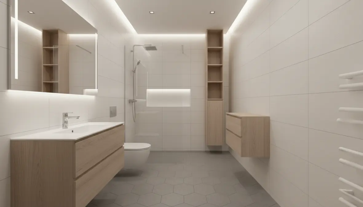 Bagno stretto e lungo con soluzioni intelligenti per ottimizzare lo spazio