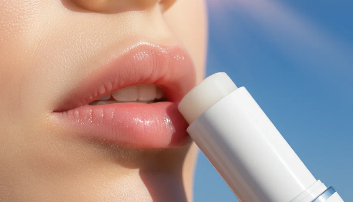 Applicazione di balsamo labbra SPF con protezione solare su labbra sane