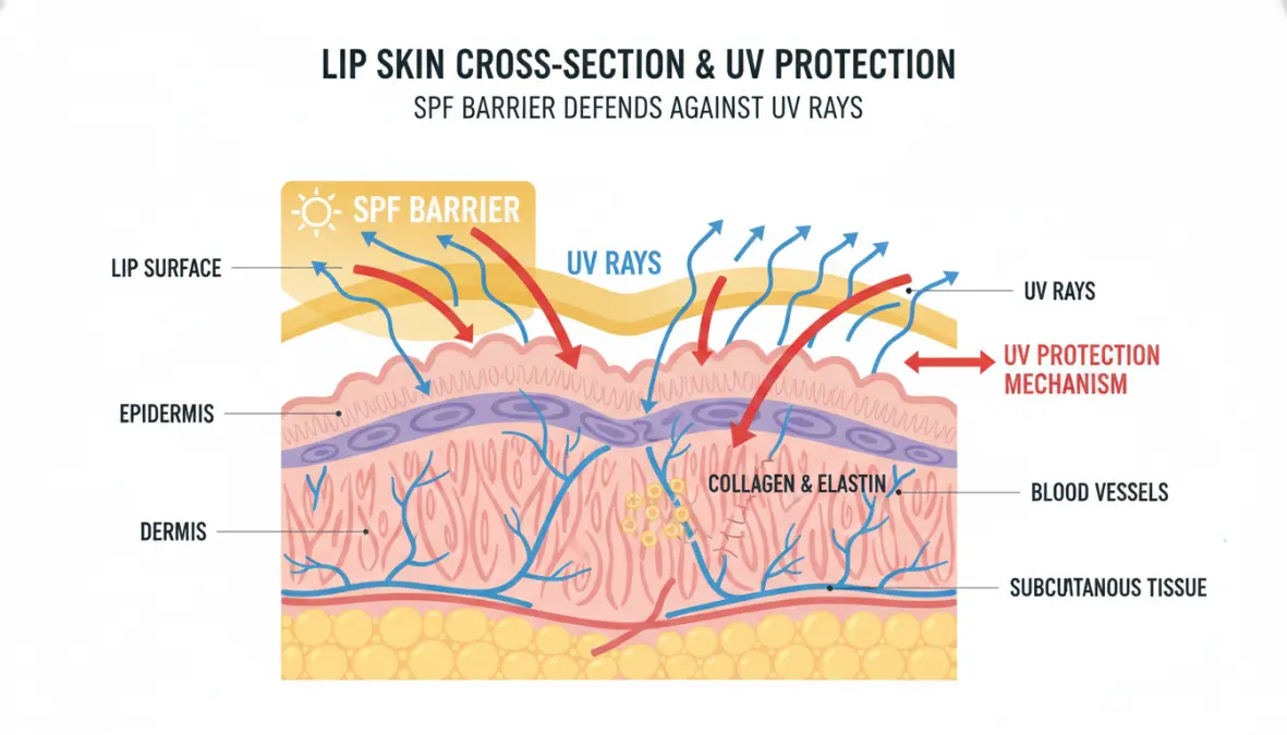 Schema della protezione solare labbra e azione dei filtri UV sulla pelle labiale
