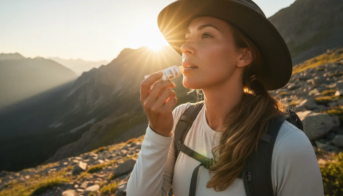 Donna che applica balsamo labbra SPF 50 per protezione in montagna