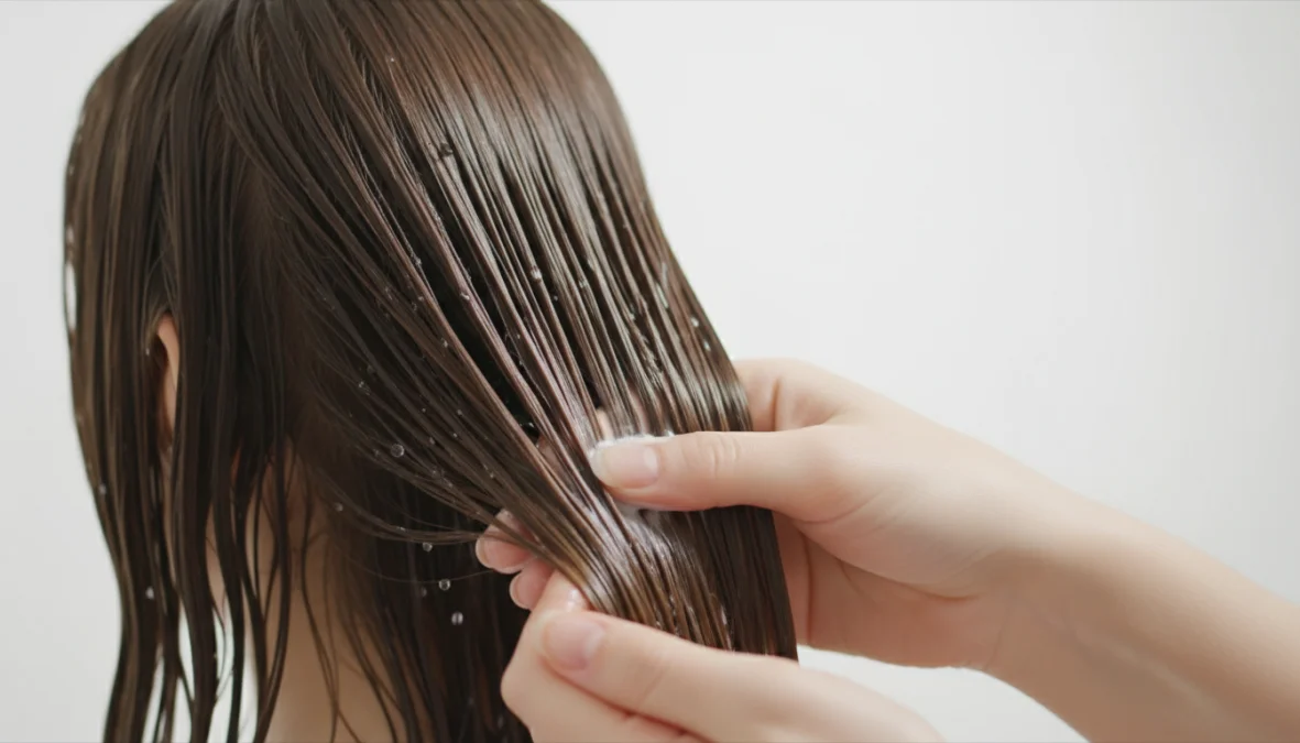 Applicazione di balsamo leave in su capelli bagnati per idratazione e cura quotidiana