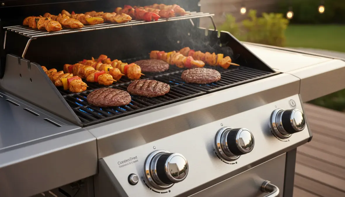 Barbecue a gas con bruciatori accesi e controllo temperatura preciso