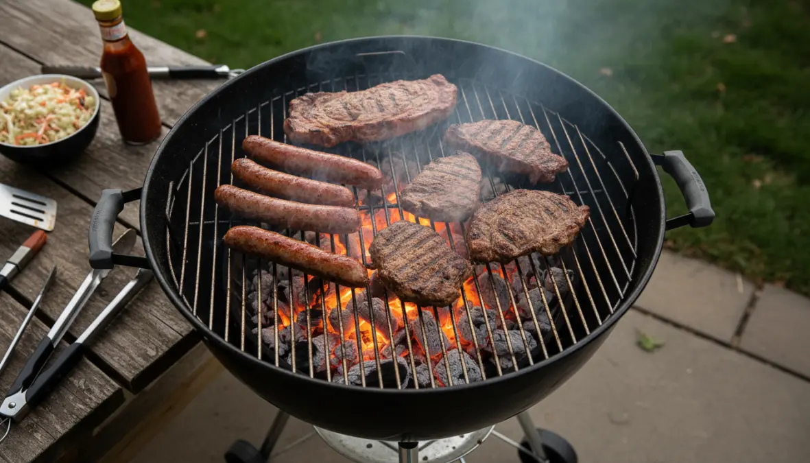 Barbecue a carbonella con bricchetti incandescenti per cottura alla brace tradizionale