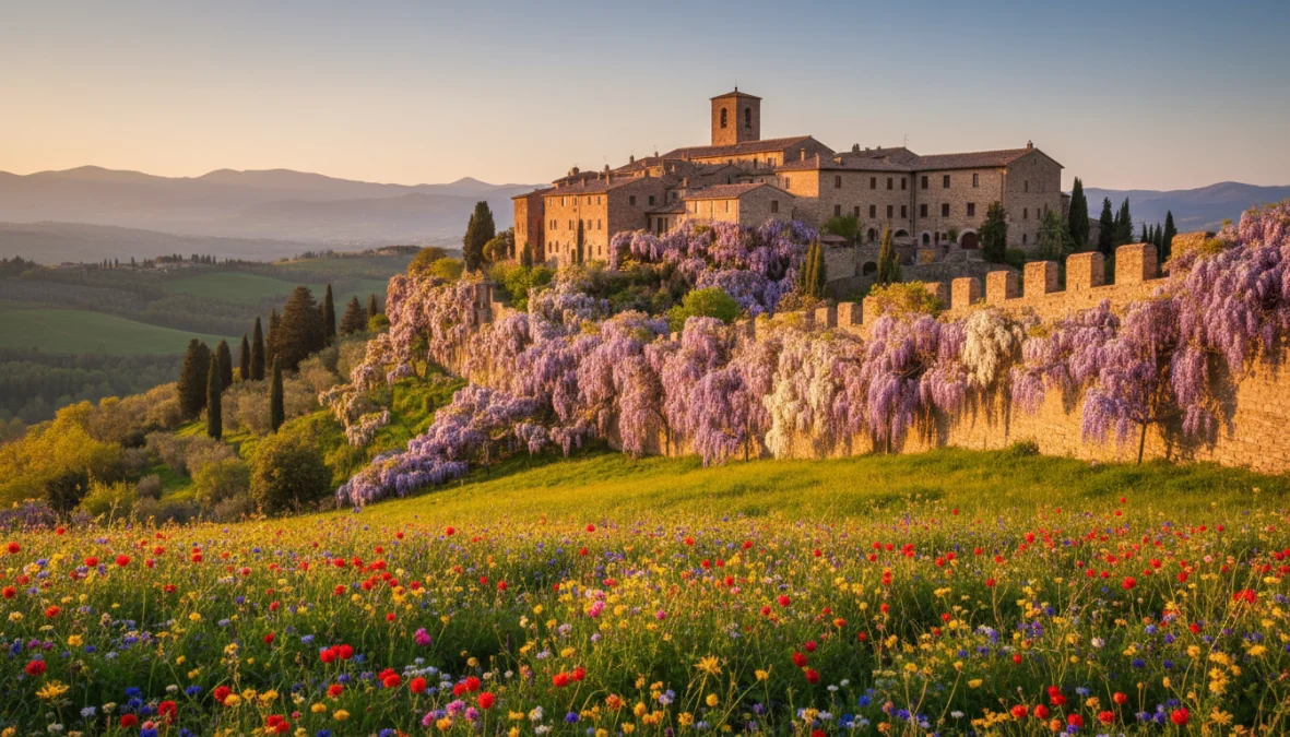 Borgo medievale italiano in primavera con fioritura di glicini e paesaggi collinari fioriti