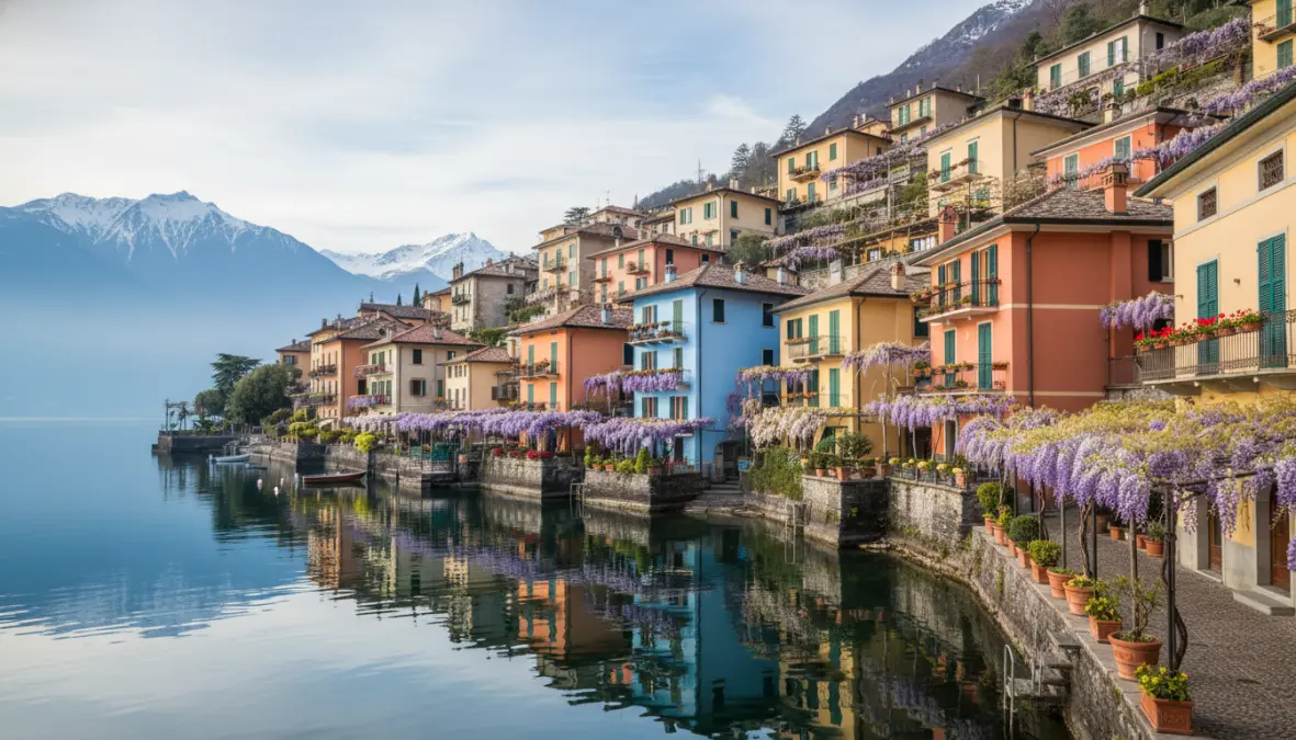 Borgo sul lago in Nord Italia con fioritura primaverile di glicini e case colorate