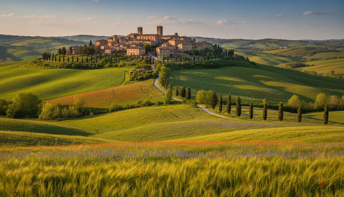 Borgo toscano in primavera con paesaggi collinari fioriti e cipressi