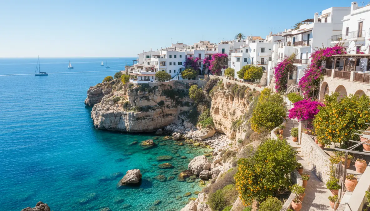Borgo sul mare del Sud Italia in primavera con case bianche e mare cristallino