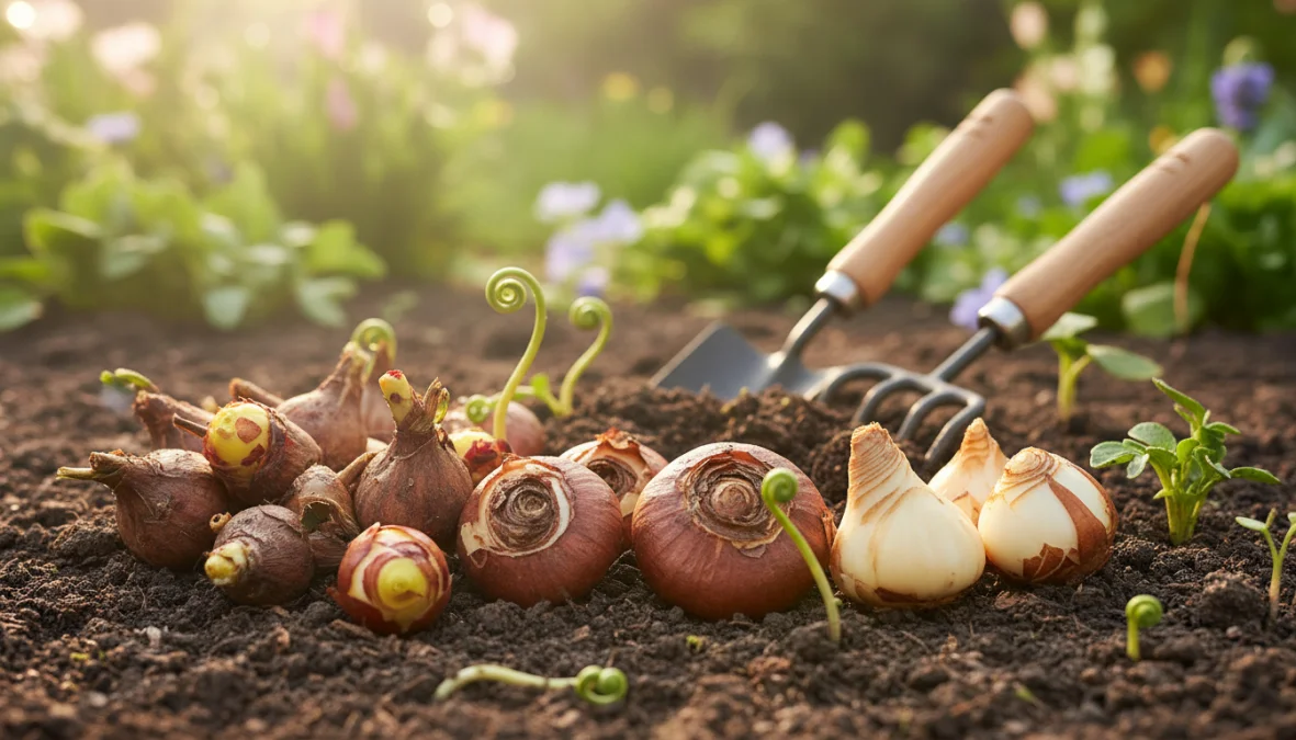 Bulbi da piantare a marzo per fioriture estive dispositi su terreno con attrezzi da giardinaggio