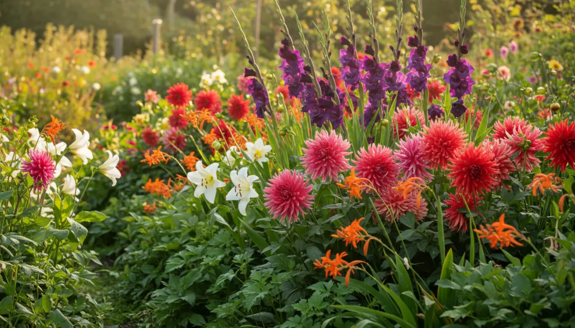Giardino estivo fiorito con gladioli dalie gigli e bulbi estivi da piantare a marzo