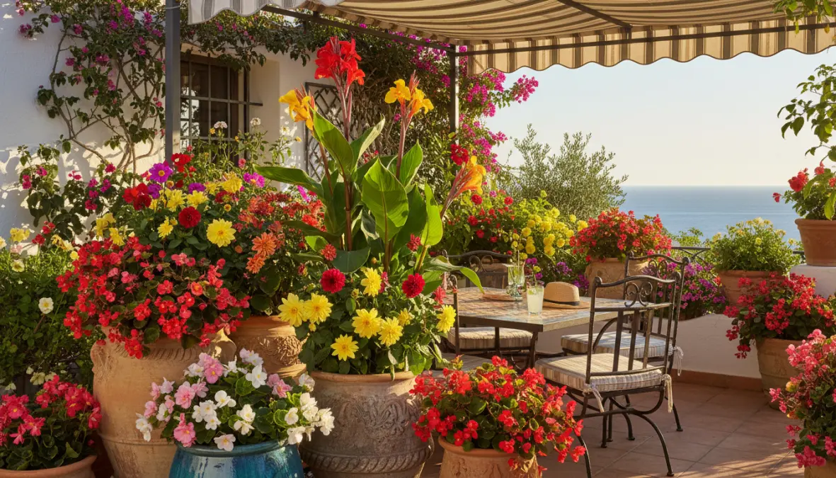 Bulbi da piantare a marzo in vaso su terrazzo con dalie begonie e fiori estivi
