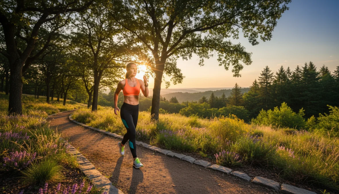 Donna che pratica camminata veloce per dimagrire in un parco