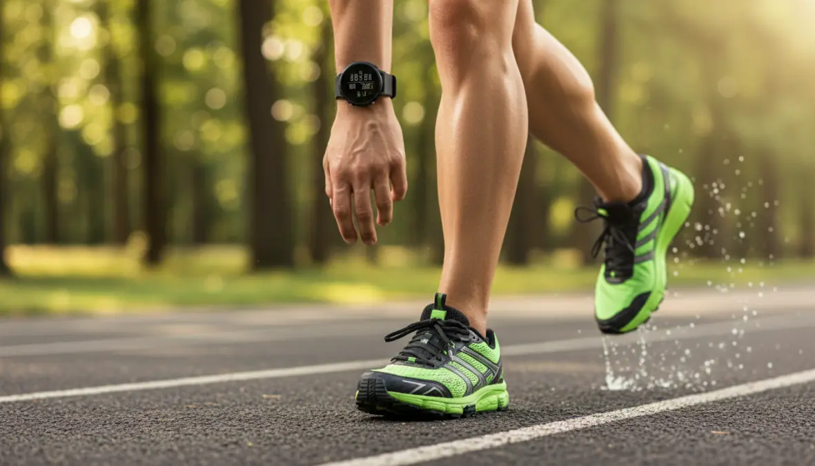 Dettaglio di gambe in movimento durante camminata veloce con scarpe da running