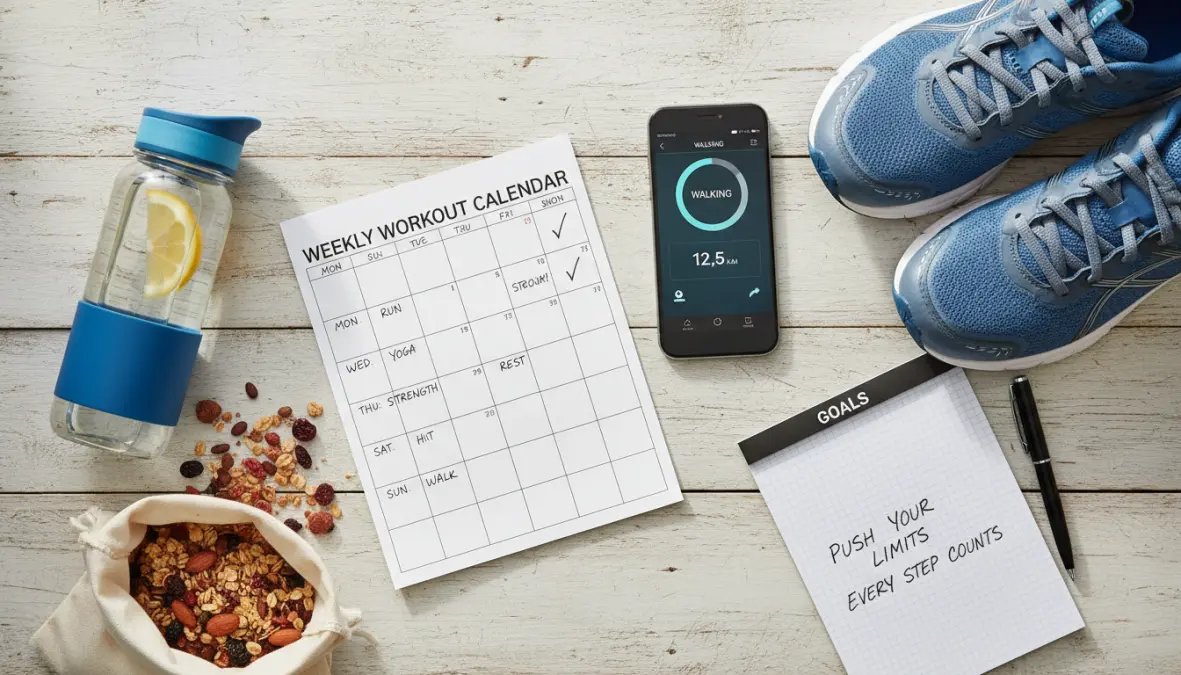Programma settimanale di camminata veloce con app fitness e accessori sportivi