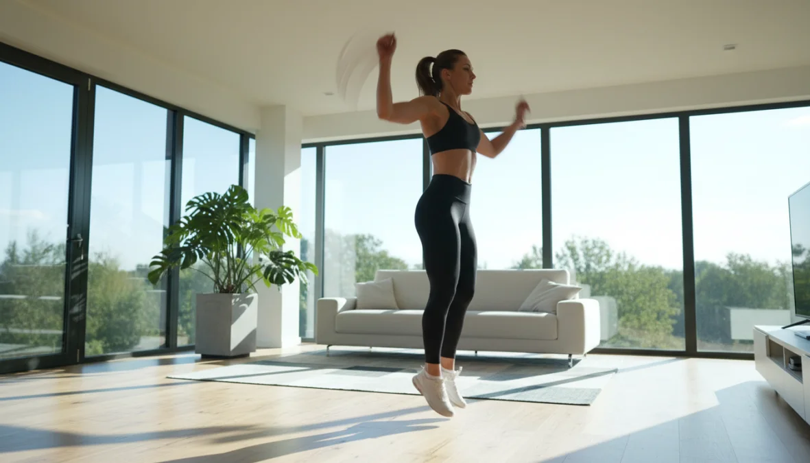 Donna che esegue esercizi cardio a casa nel suo salotto senza attrezzi