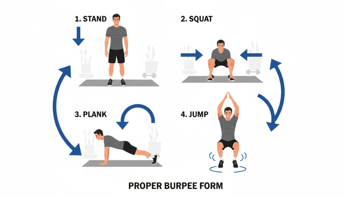 Esecuzione corretta dei burpees, esercizi cardio efficaci da fare in casa
