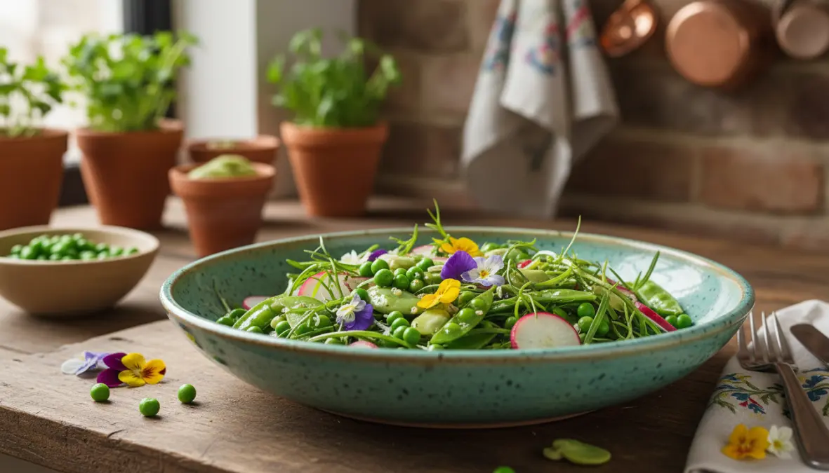 Insalata primaverile con piselli, fave e verdure fresche di stagione