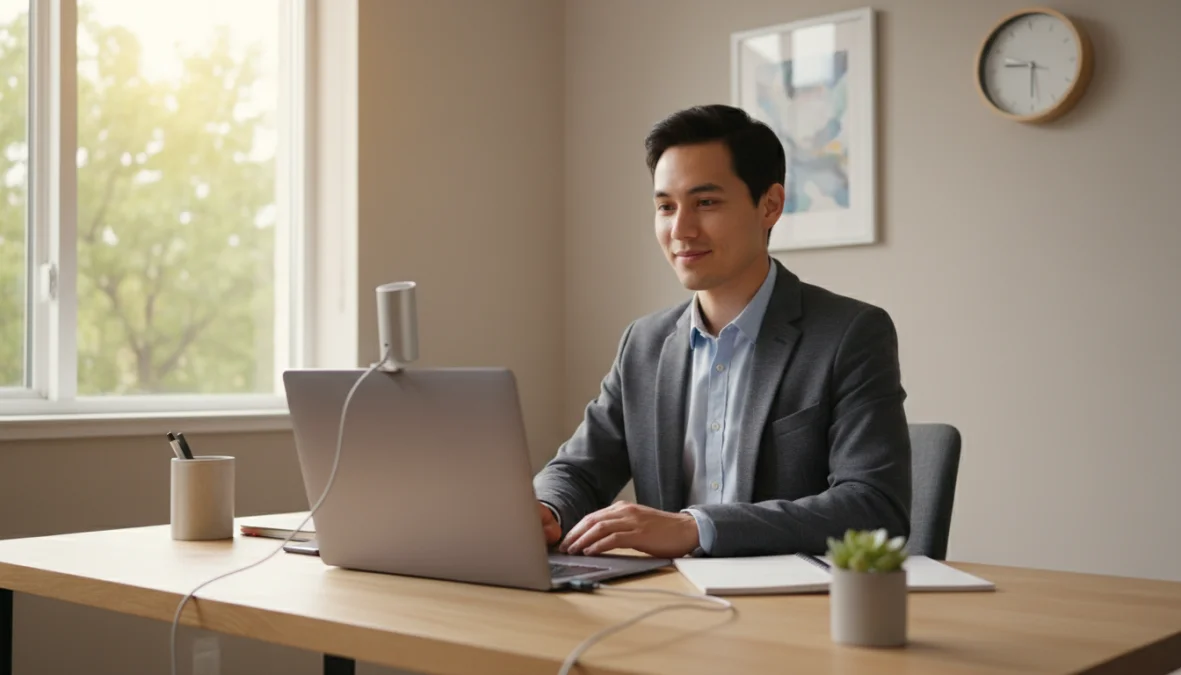 Persona preparata per un colloquio di lavoro online davanti al computer in home office professionale