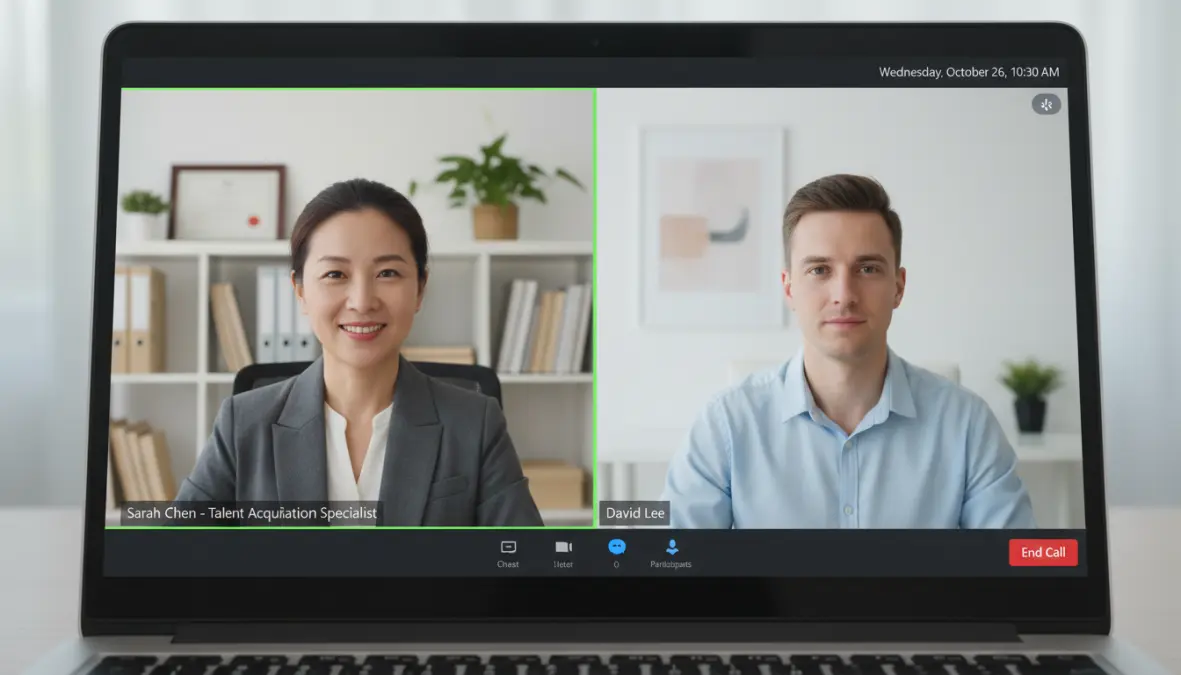 Schermata di videochiamata per colloquio di lavoro online su piattaforma professionale