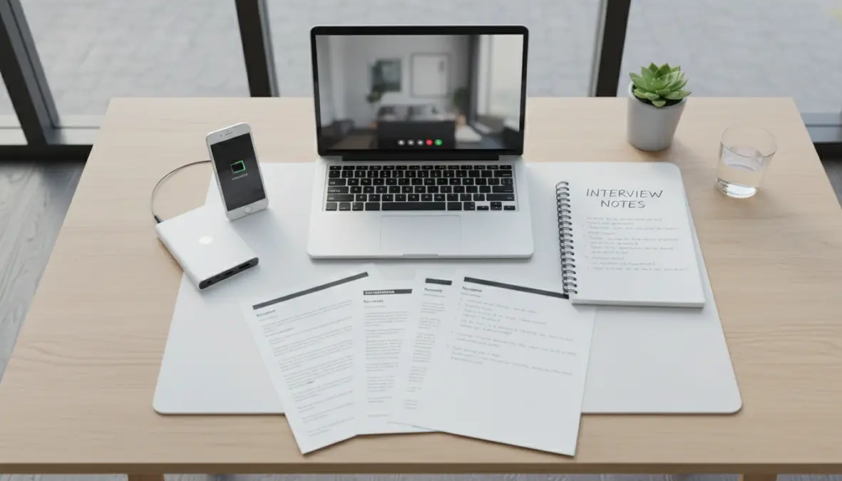 Preparazione tecnica e materiali per colloquio virtuale con checklist e dispositivi pronti