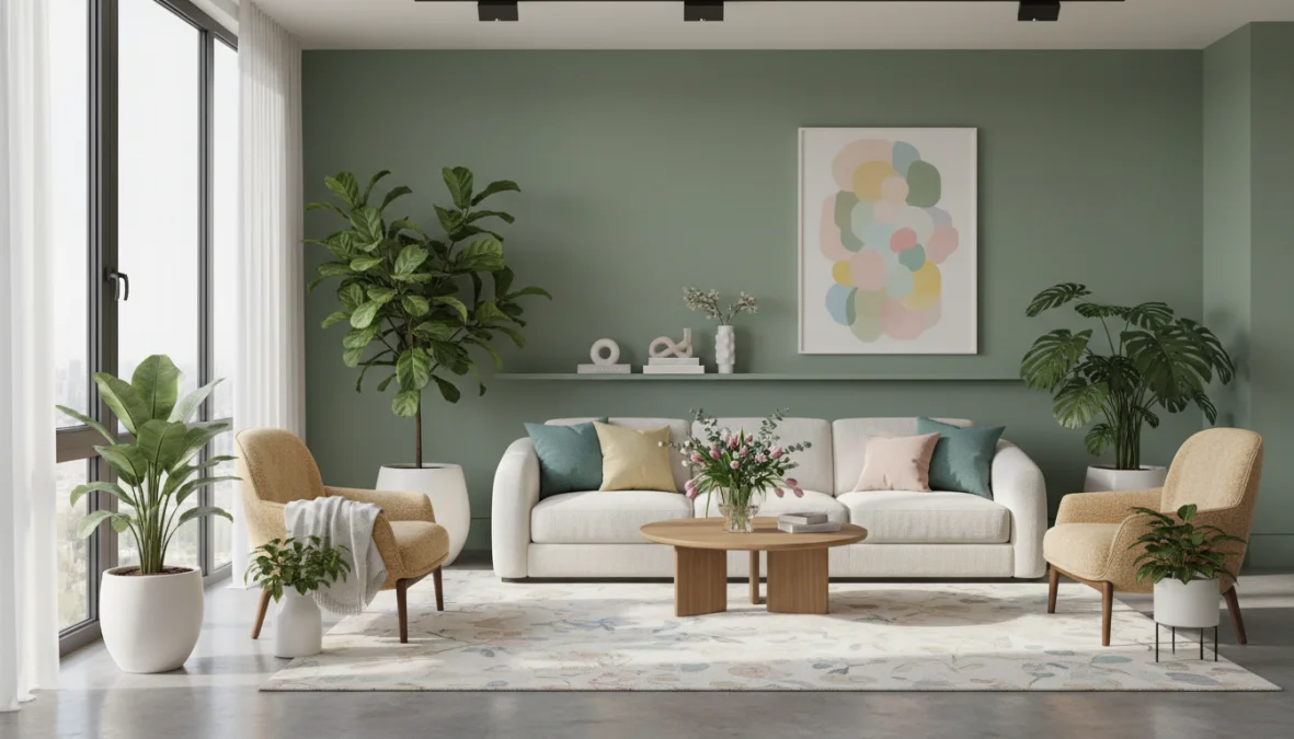 Soggiorno moderno con parete color verde salvia, esempio di colori pareti tendenza primavera