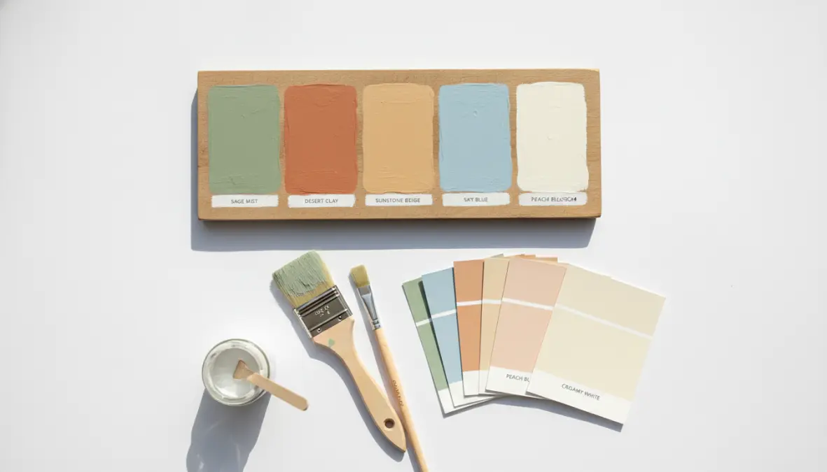 Palette colori primavera per pareti con nuance verde salvia, terracotta e pastello