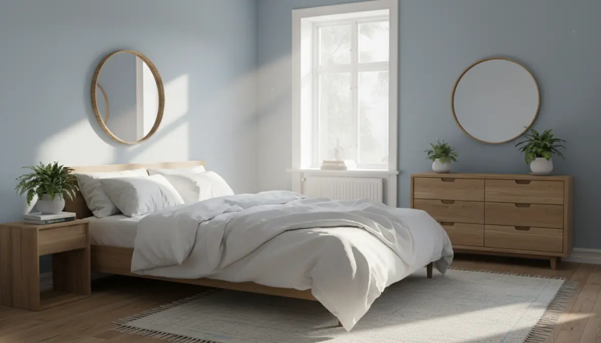 Camera da letto con pareti azzurro polvere, colori muri moderni per zona notte