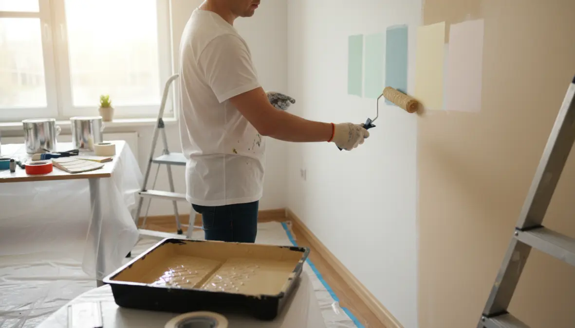 Applicazione pittura murale con test di colori pareti tendenza primavera