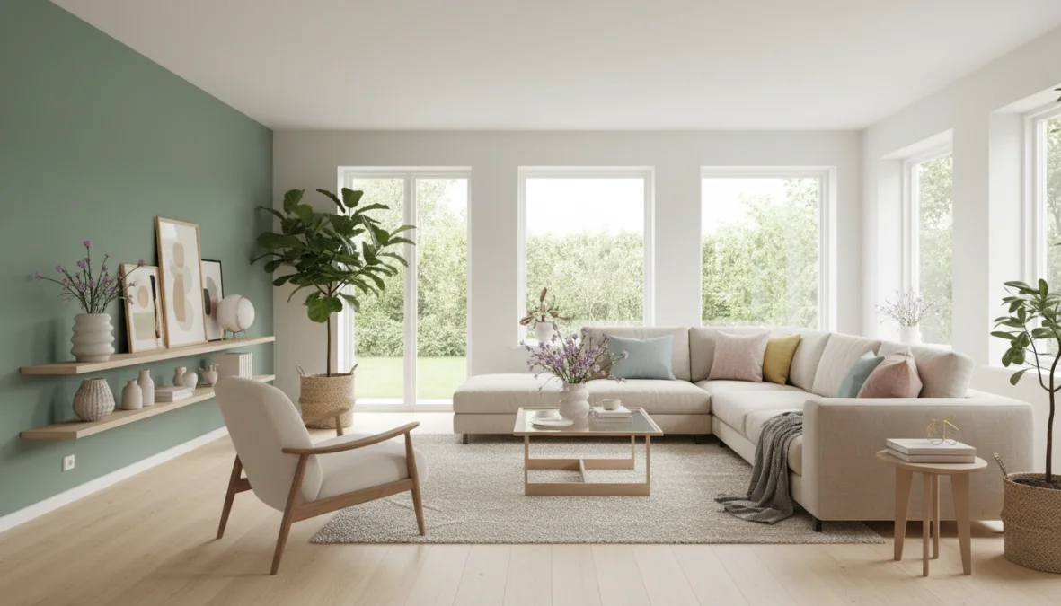 Soggiorno moderno con parete color verde salvia e colori pareti tendenze primavera