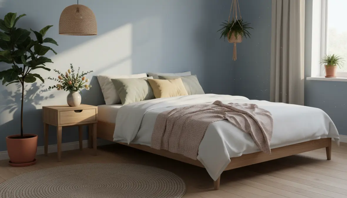 Camera da letto con abbinamenti colori pareti primavera in azzurro polvere