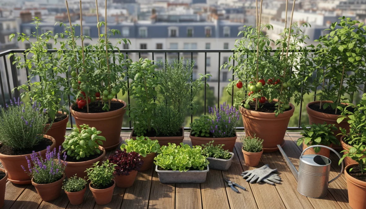 Orto sul balcone con vasi di ortaggi e piante aromatiche in uno spazio urbano soleggiato