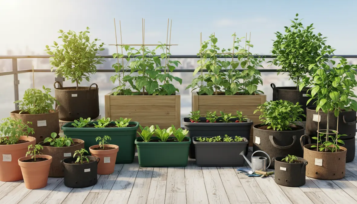 Contenitori e vasi per orto in balcone di diverse dimensioni e materiali per la coltivazione di ortaggi