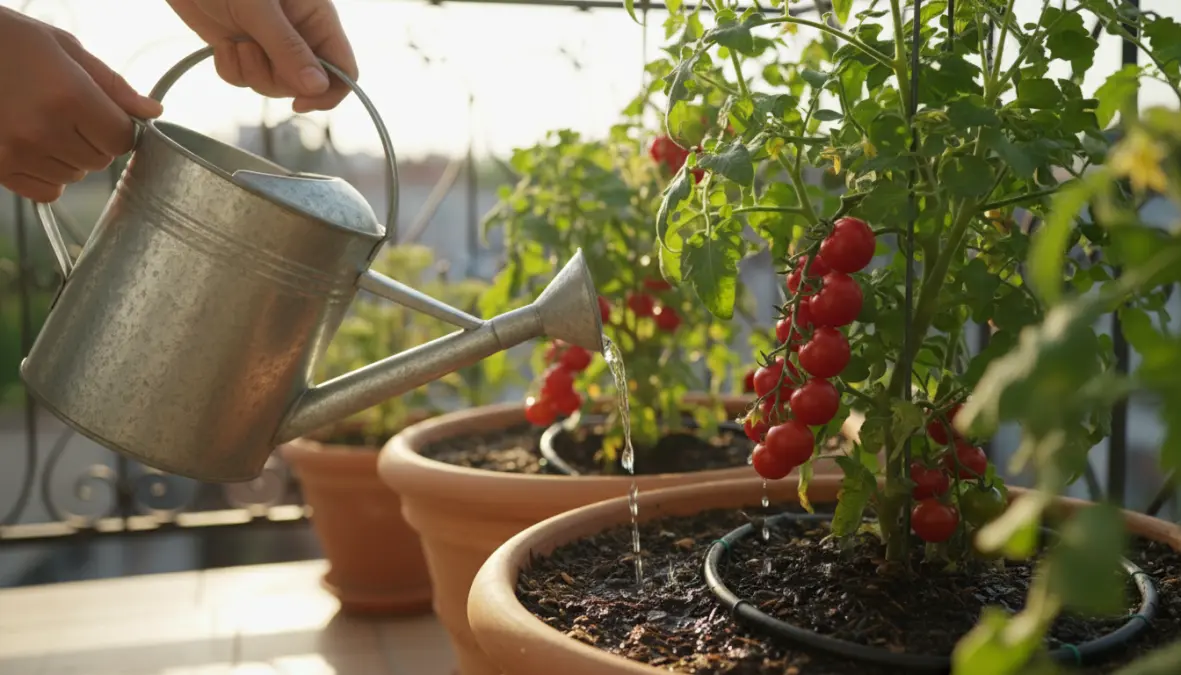 Irrigazione di pomodori ciliegino in vaso su balcone con sistema di annaffiatura per orto urbano
