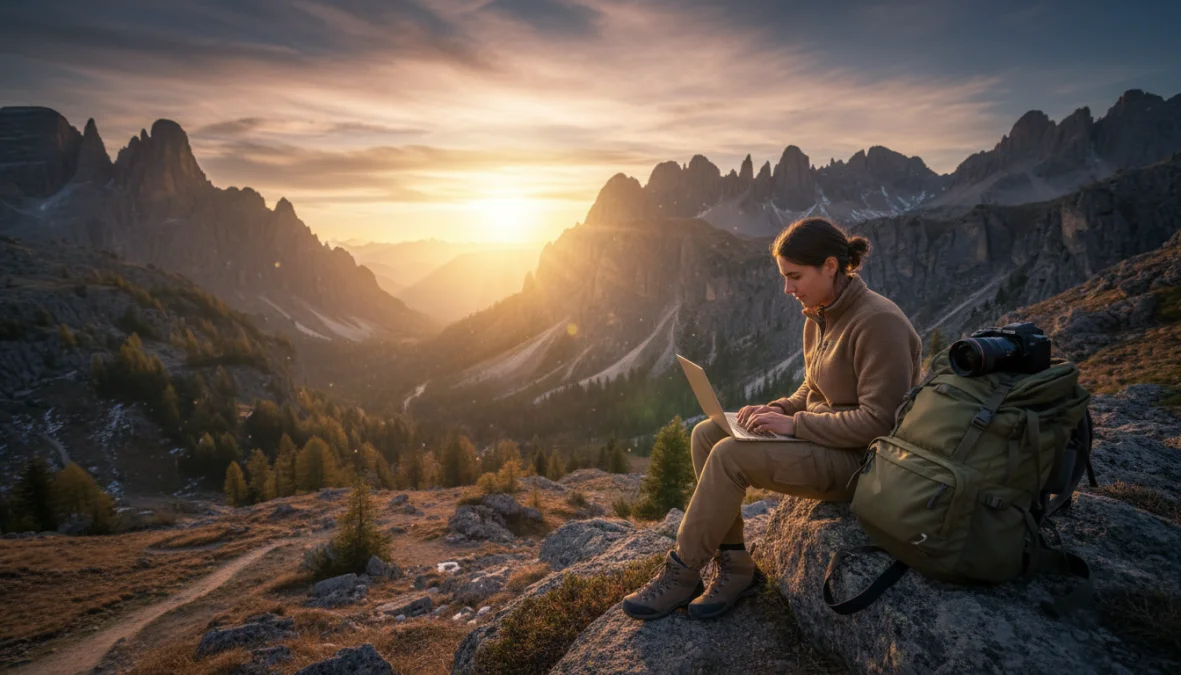 Travel blogger che lavora al computer in montagna - come diventare travel blogger professionista