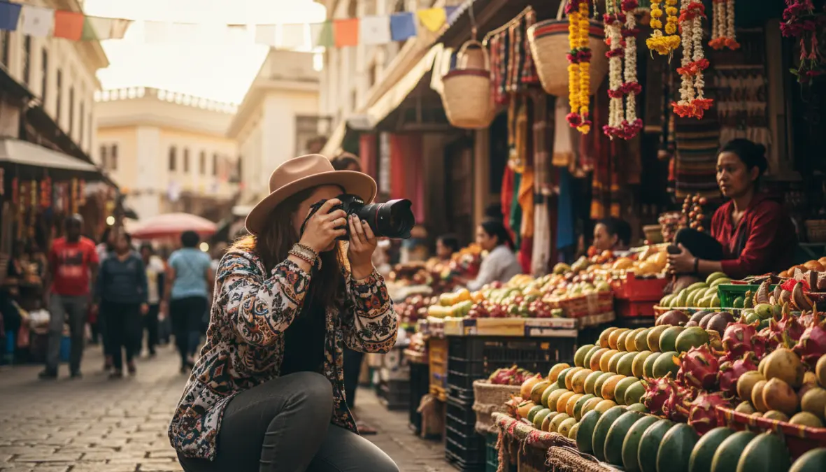 Content creator di viaggi al lavoro durante un viaggio - fotografia e blogging di viaggio