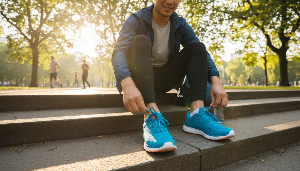 Principiante che si prepara a iniziare a correre allacciando le scarpe da running