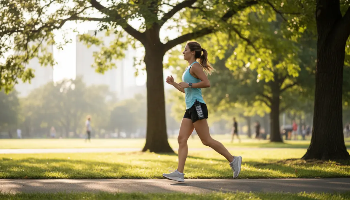 Corridore principiante durante allenamento corsa base con postura corretta nel parco